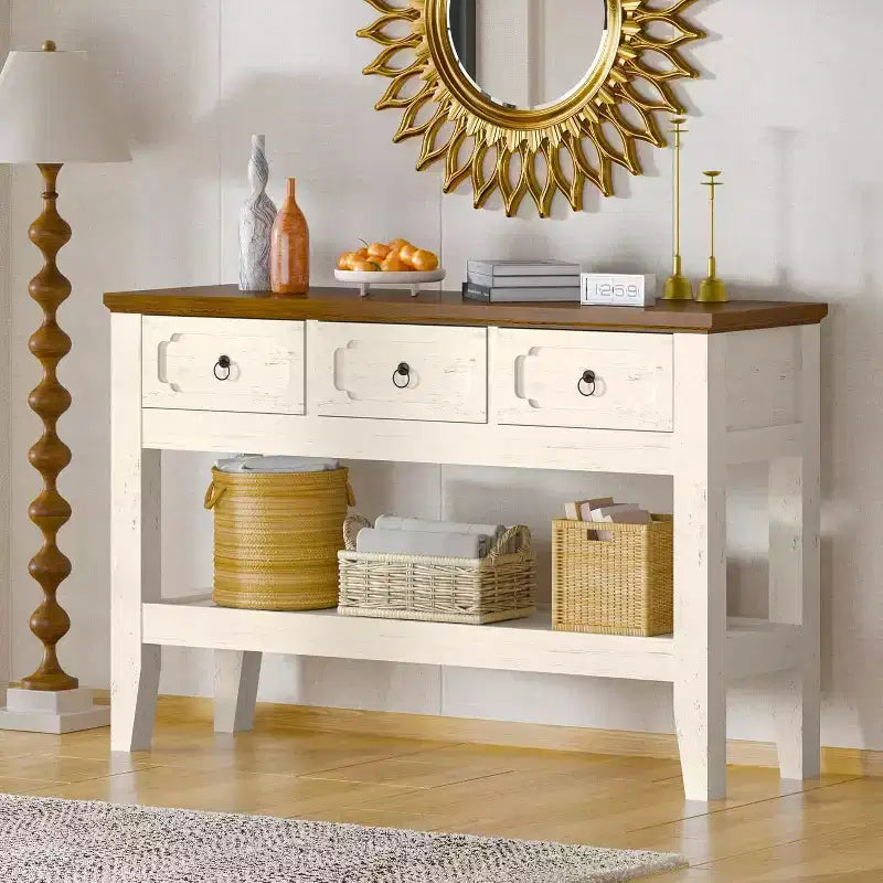 Farmhouse Narrow Console Table with 3 Drawers & Open Shelf – Rustic White, 47in