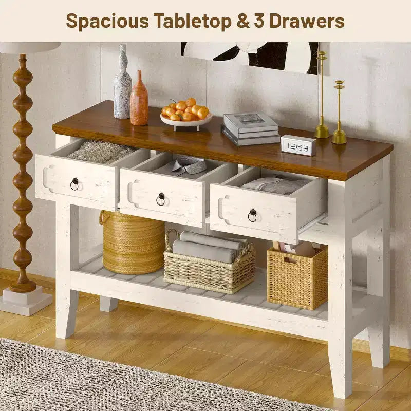 Farmhouse Narrow Console Table with 3 Drawers & Open Shelf – Rustic White, 47in