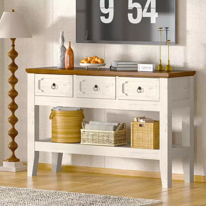 Farmhouse Narrow Console Table with 3 Drawers & Open Shelf – Rustic White, 47in