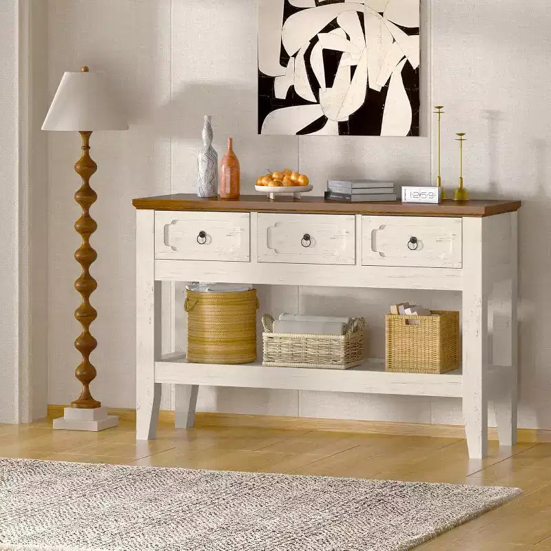 Farmhouse Narrow Console Table with 3 Drawers & Open Shelf – Rustic White, 47in