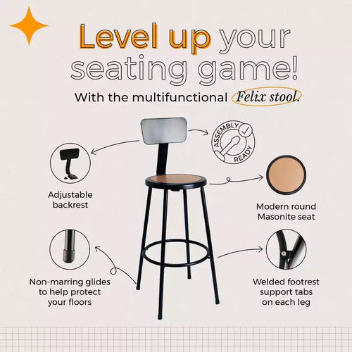 30in Steel Counter Stool with Low Backrest & Welded Footrest – Black, Round Masonite Seat