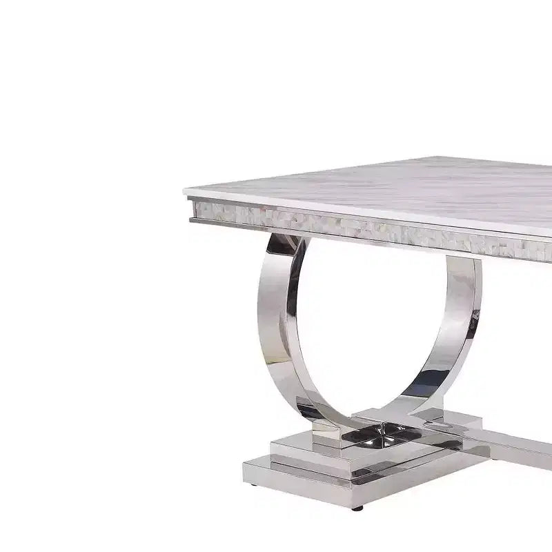 Rectangular Faux Marble Dining Table with Mirrored Silver Pedestal Base – Seats 6, Off-White