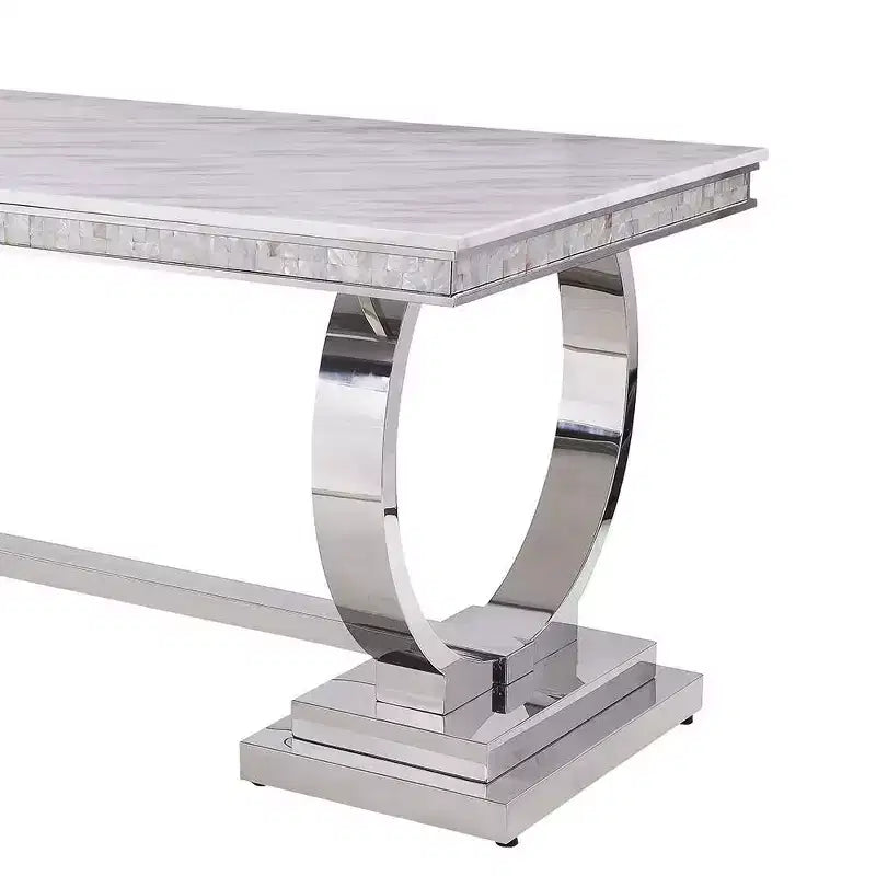 Rectangular Faux Marble Dining Table with Mirrored Silver Pedestal Base – Seats 6, Off-White