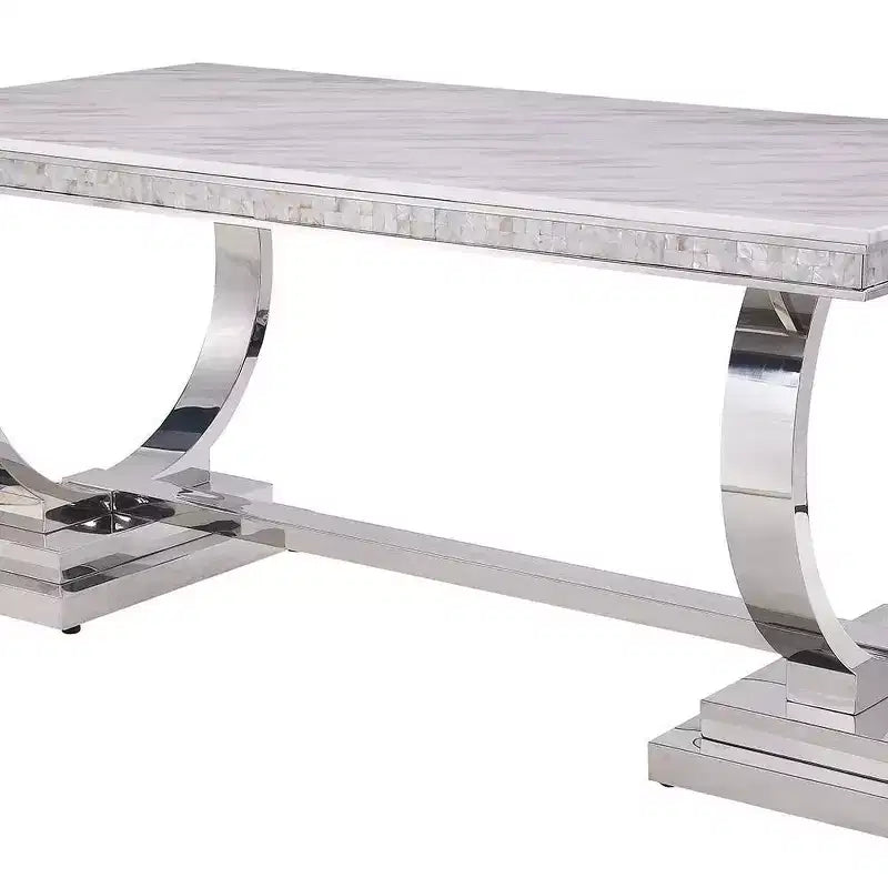 Rectangular Faux Marble Dining Table with Mirrored Silver Pedestal Base – Seats 6, Off-White