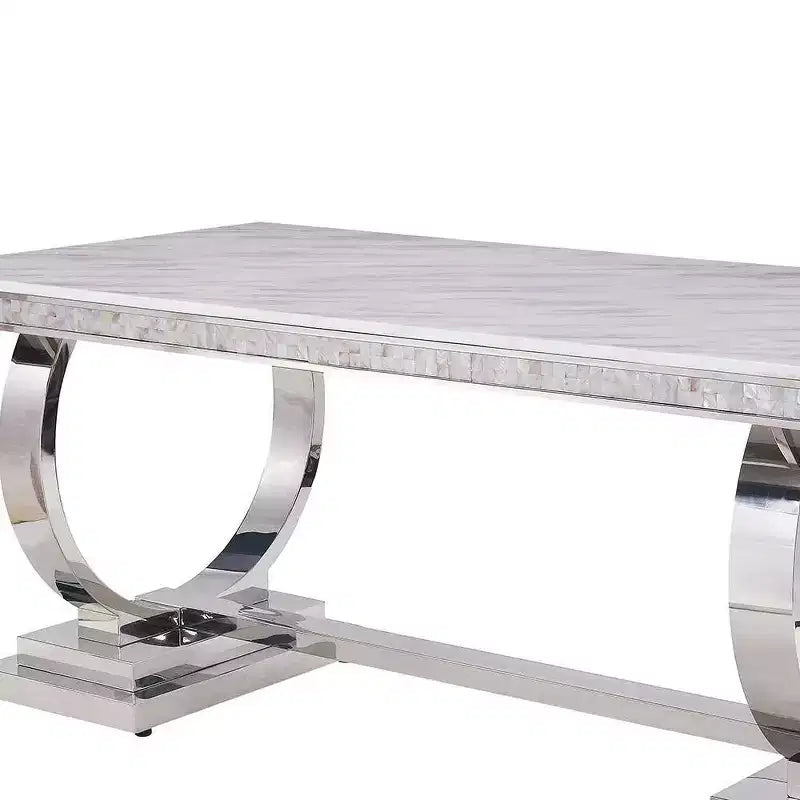 Rectangular Faux Marble Dining Table with Mirrored Silver Pedestal Base – Seats 6, Off-White
