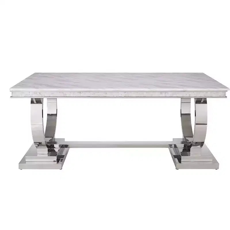 Rectangular Faux Marble Dining Table with Mirrored Silver Pedestal Base – Seats 6, Off-White