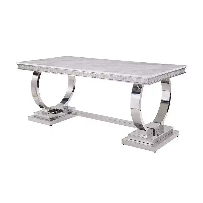 Rectangular Faux Marble Dining Table with Mirrored Silver Pedestal Base – Seats 6, Off-White