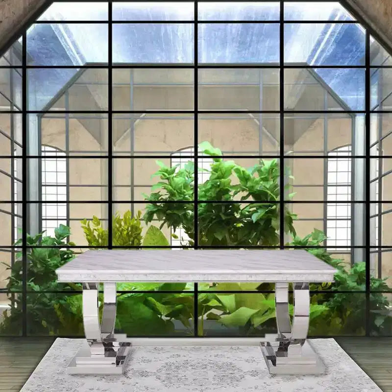Rectangular Faux Marble Dining Table with Mirrored Silver Pedestal Base – Seats 6, Off-White