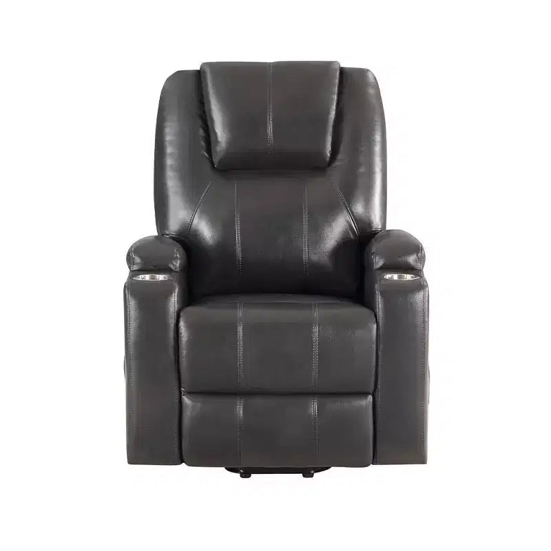 Power Lift Recliner Sofa in Gunmetal Leather Aire – Pocket Coil, 2 Cup Holders