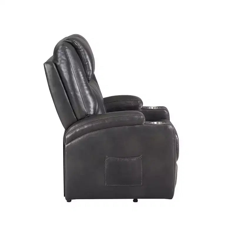 Power Lift Recliner Sofa in Gunmetal Leather Aire – Pocket Coil, 2 Cup Holders