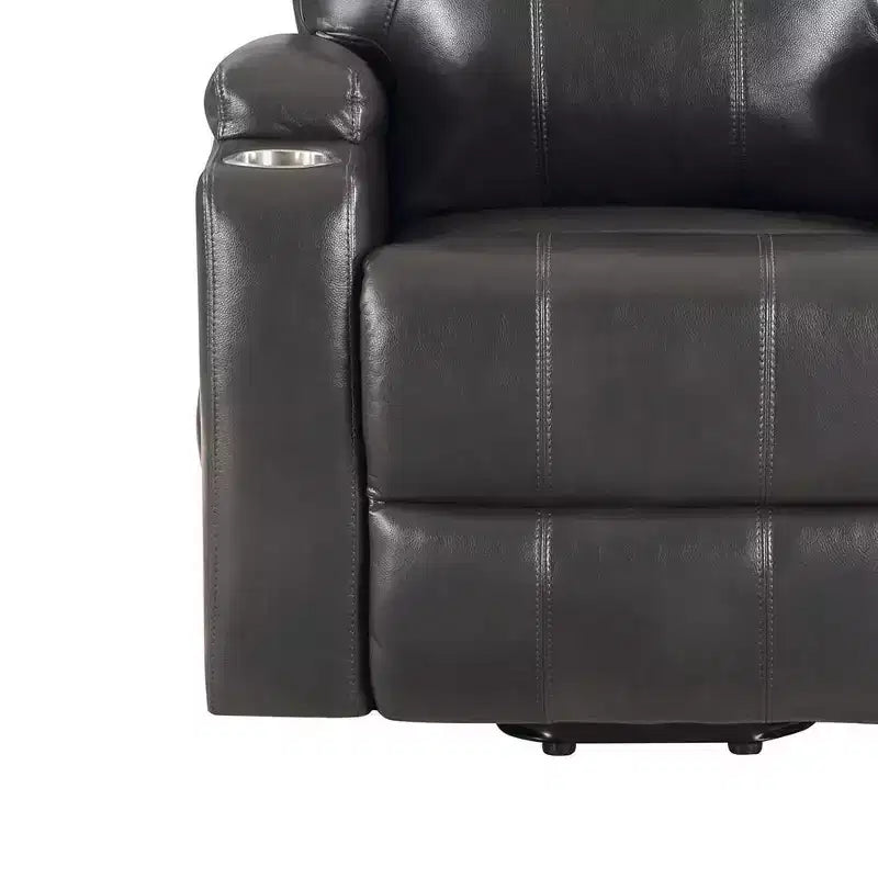 Power Lift Recliner Sofa in Gunmetal Leather Aire – Pocket Coil, 2 Cup Holders