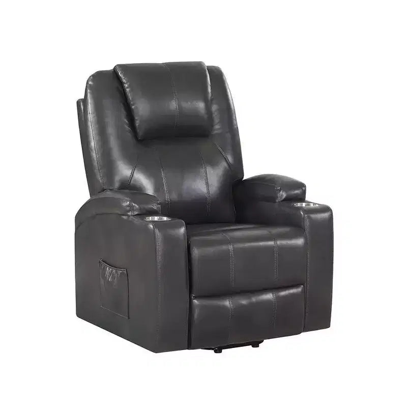 Power Lift Recliner Sofa in Gunmetal Leather Aire – Pocket Coil, 2 Cup Holders