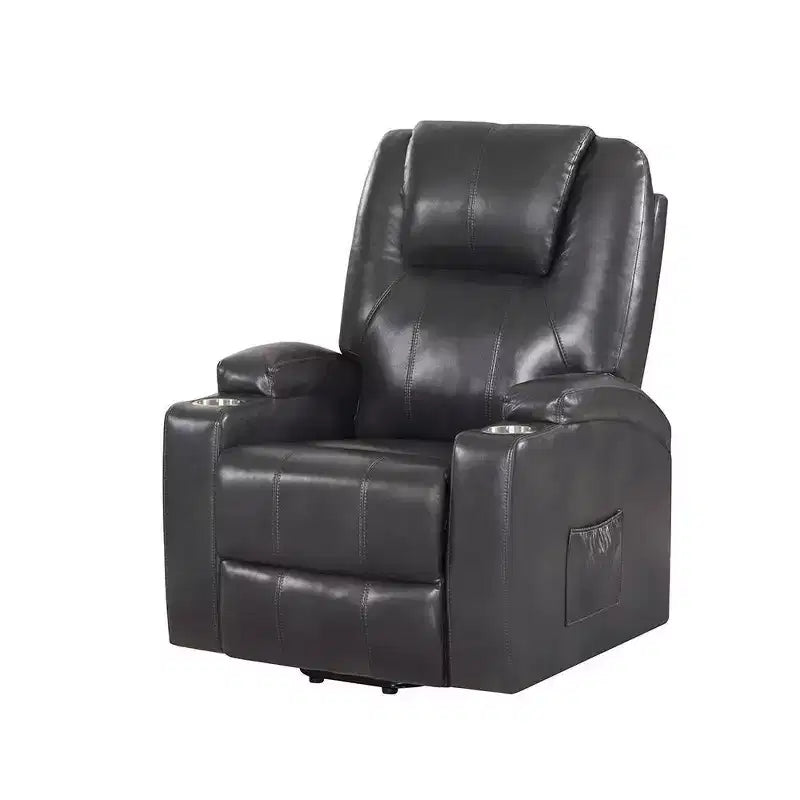 Power Lift Recliner Sofa in Gunmetal Leather Aire – Pocket Coil, 2 Cup Holders