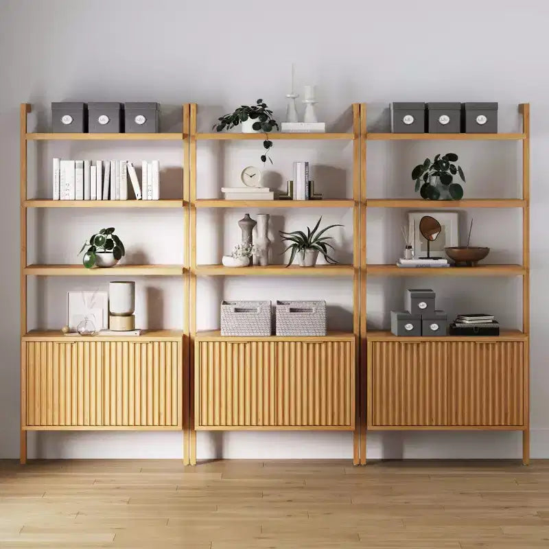 71.9in Wall-Mounted Fluted Bookshelf Set of 3 with Cabinet, Brass Handles – Light Brown