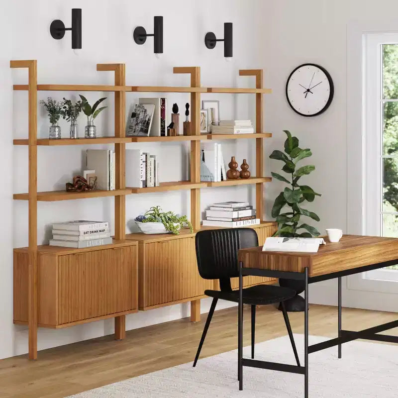71.9in Wall-Mounted Fluted Bookshelf Set of 3 with Cabinet, Brass Handles – Light Brown