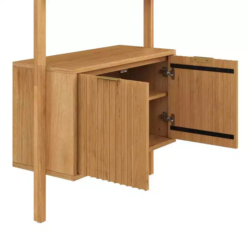 71.9in Wall-Mounted Fluted Bookshelf Set of 3 with Cabinet, Brass Handles – Light Brown