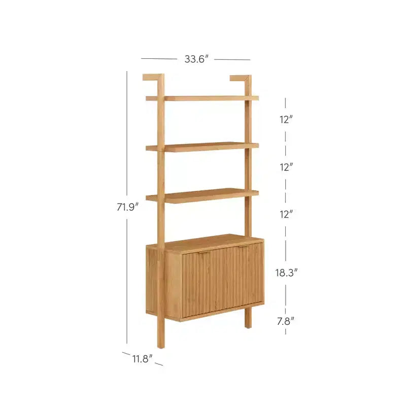 71.9in Wall-Mounted Fluted Bookshelf Set of 3 with Cabinet, Brass Handles – Light Brown