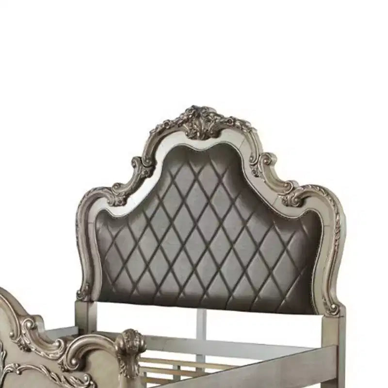 Queen Platform Bed Frame with Tufted Faux Leather Headboard & Decorative Scrollwork – Bone White