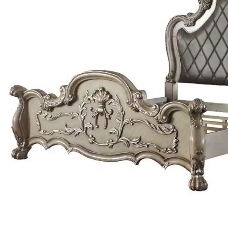 Queen Platform Bed Frame with Tufted Faux Leather Headboard & Decorative Scrollwork – Bone White
