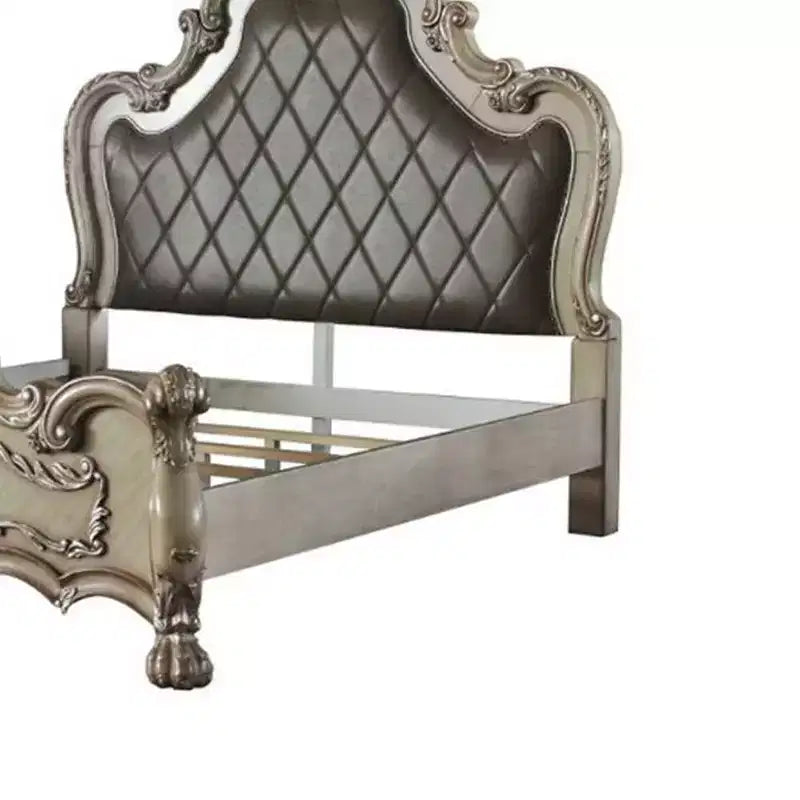 Queen Platform Bed Frame with Tufted Faux Leather Headboard & Decorative Scrollwork – Bone White