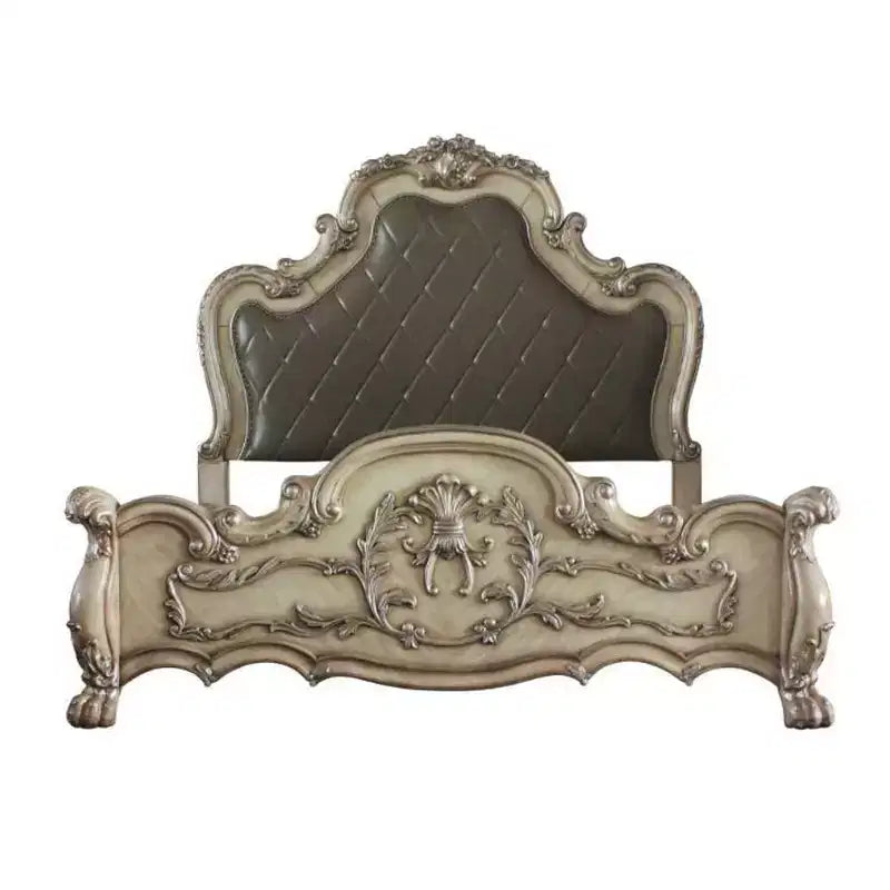 Queen Platform Bed Frame with Tufted Faux Leather Headboard & Decorative Scrollwork – Bone White