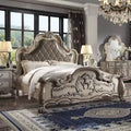 Queen Platform Bed Frame with Tufted Faux Leather Headboard & Decorative Scrollwork – Bone White