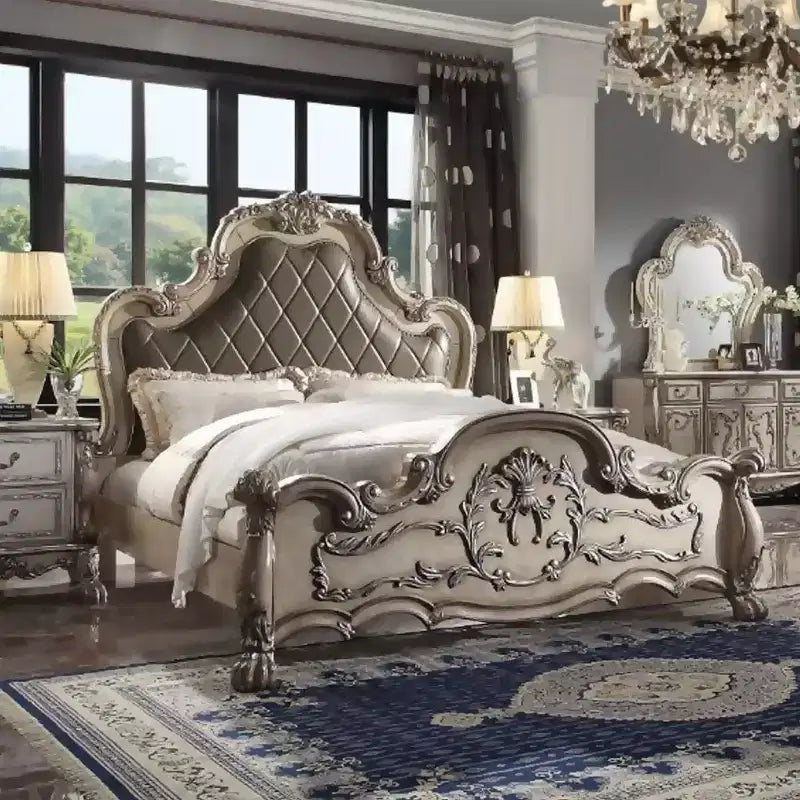 Queen Platform Bed Frame with Tufted Faux Leather Headboard & Decorative Scrollwork – Bone White