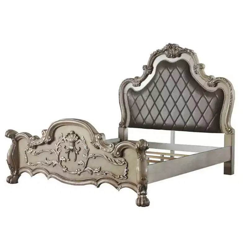 Queen Platform Bed Frame with Tufted Faux Leather Headboard & Decorative Scrollwork – Bone White