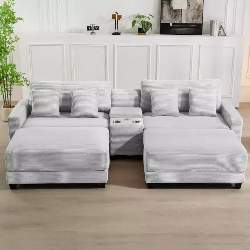 Hyleory 112'' Corduroy Sectional Sofa Bench with two ottomans and Storage side table living room