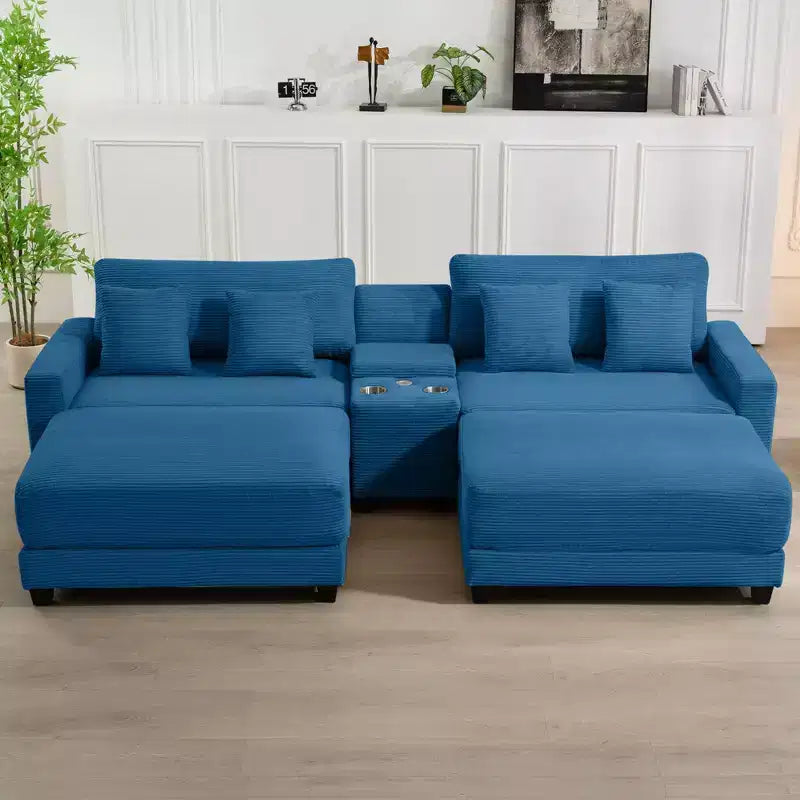 Hyleory 112'' Corduroy Sectional Sofa Bench with two ottomans and Storage side table living room