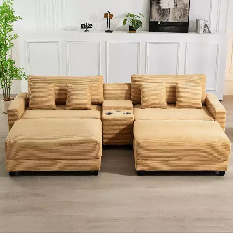 Hyleory 112'' Corduroy Sectional Sofa Bench with two ottomans and Storage side table living room