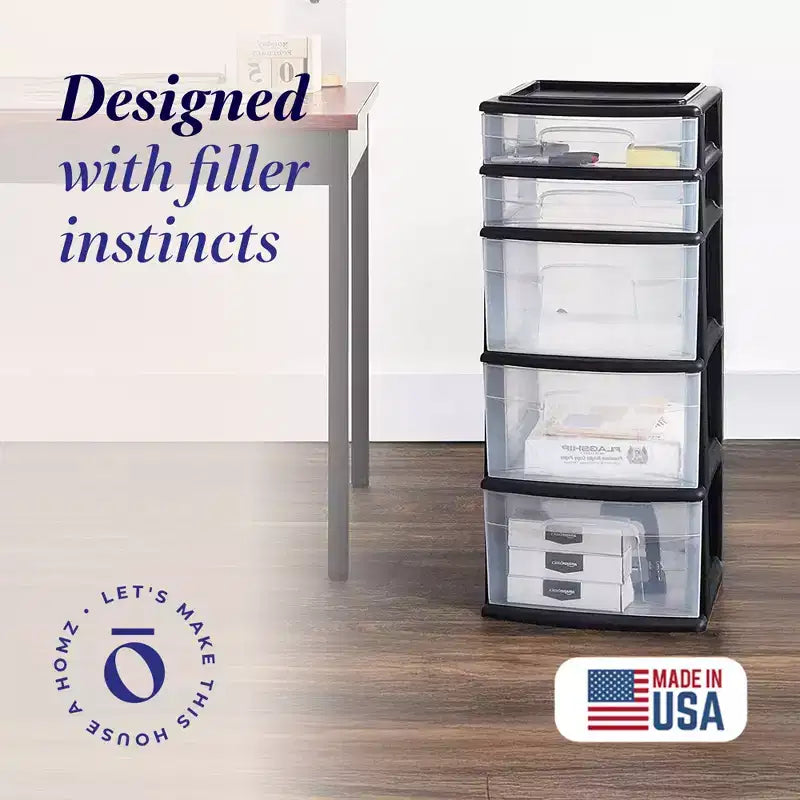Homz Plastic 5 Clear Drawer Medium Home Storage Container Tower