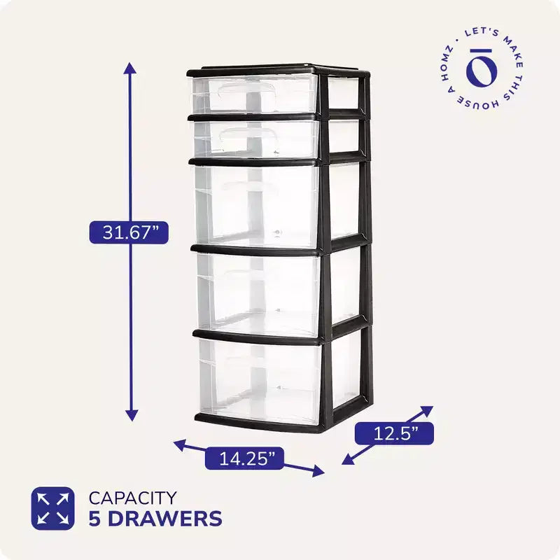 Homz Plastic 5 Clear Drawer Medium Home Storage Container Tower