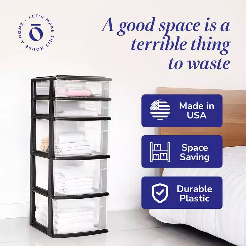 Homz Plastic 5 Clear Drawer Medium Home Storage Container Tower