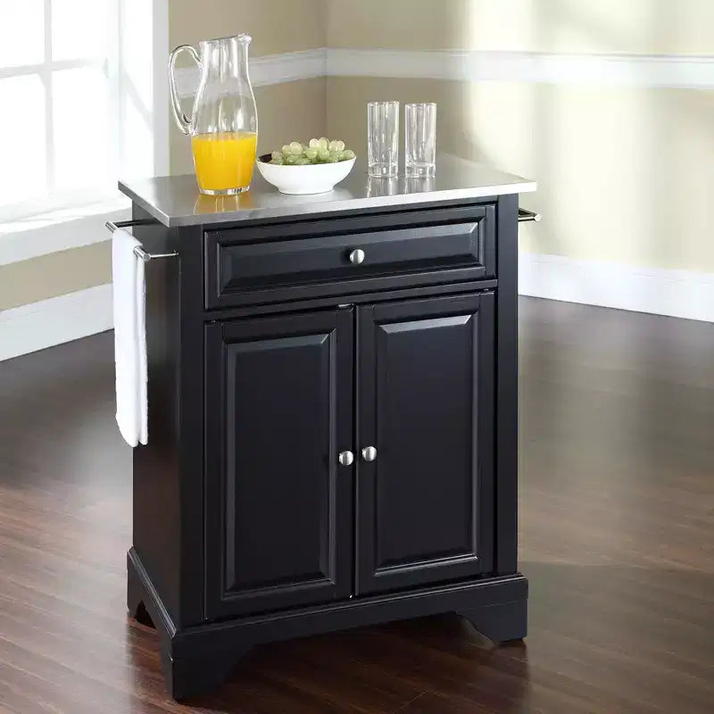 Portable Kitchen Island Cart with Stainless Steel Top, 2 Doors, 1 Drawer & Locking Wheels