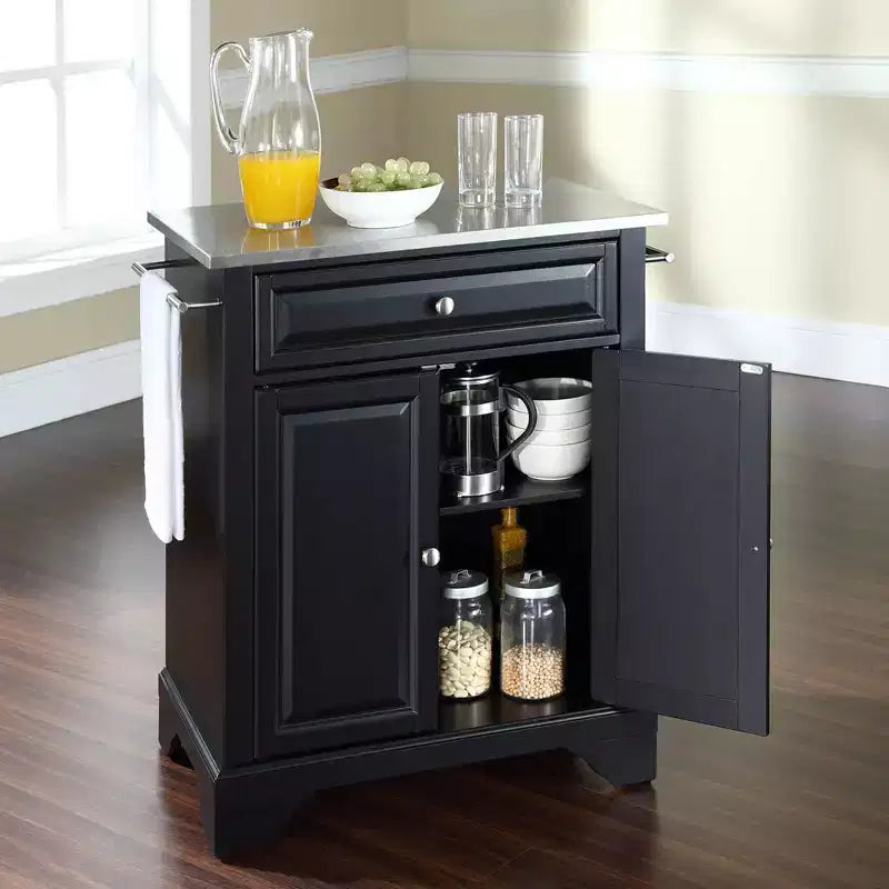 Portable Kitchen Island Cart with Stainless Steel Top, 2 Doors, 1 Drawer & Locking Wheels
