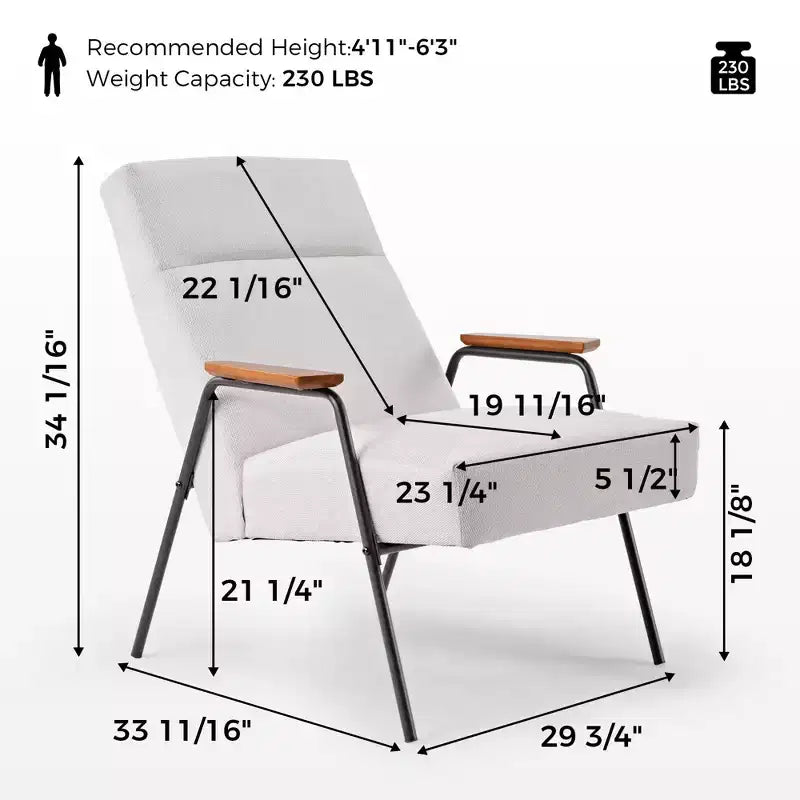 Upholstered Flannel Lounge Chair with Armrest & 120° Tilt – Ergonomic, White, 29.72"W