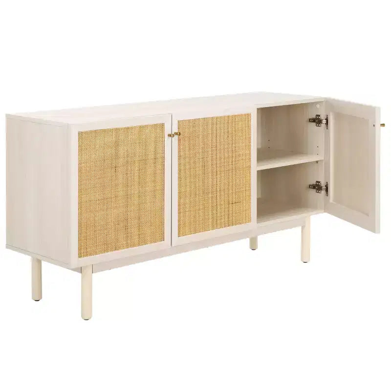 3-Door Rattan Mesh Sideboard Media Stand with Adjustable Shelves – Walnut, Fits 60in TV
