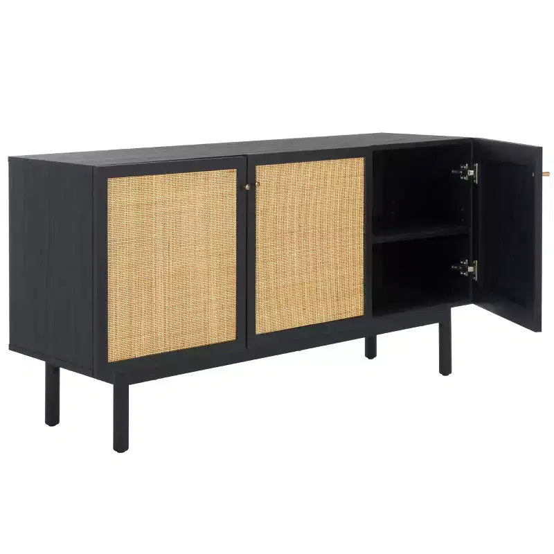 3-Door Rattan Mesh Sideboard Media Stand with Adjustable Shelves – Walnut, Fits 60in TV