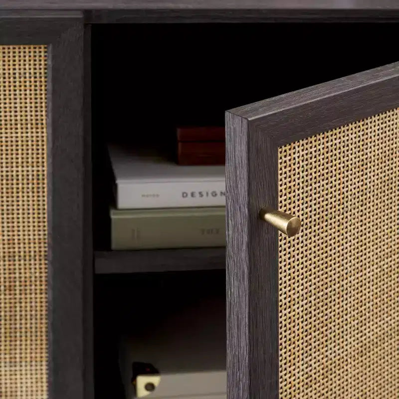 3-Door Rattan Mesh Sideboard Media Stand with Adjustable Shelves – Walnut, Fits 60in TV
