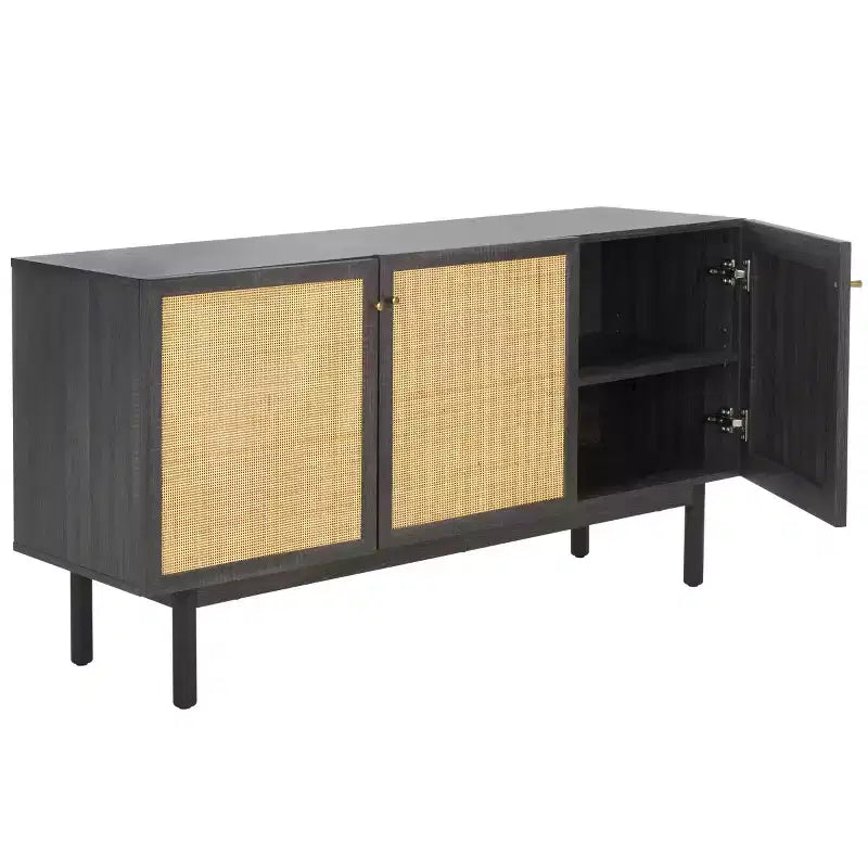 3-Door Rattan Mesh Sideboard Media Stand with Adjustable Shelves – Walnut, Fits 60in TV