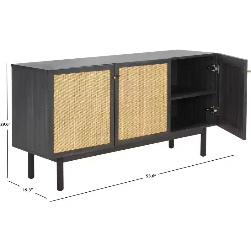 3-Door Rattan Mesh Sideboard Media Stand with Adjustable Shelves – Walnut, Fits 60in TV