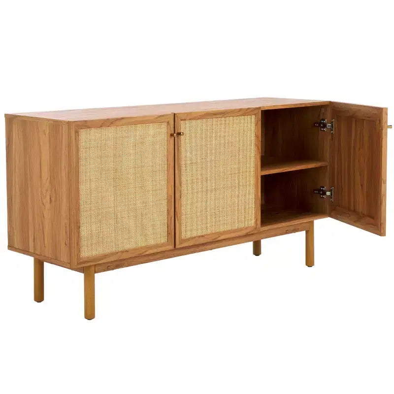 3-Door Rattan Mesh Sideboard Media Stand with Adjustable Shelves – Walnut, Fits 60in TV