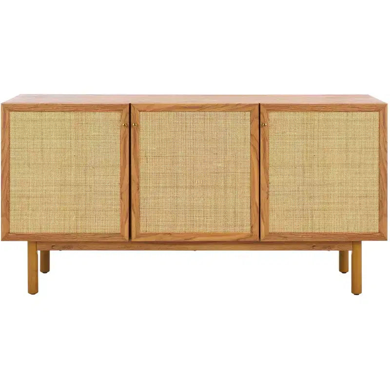 3-Door Rattan Mesh Sideboard Media Stand with Adjustable Shelves – Walnut, Fits 60in TV