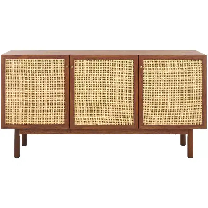3-Door Rattan Mesh Sideboard Media Stand with Adjustable Shelves – Walnut, Fits 60in TV