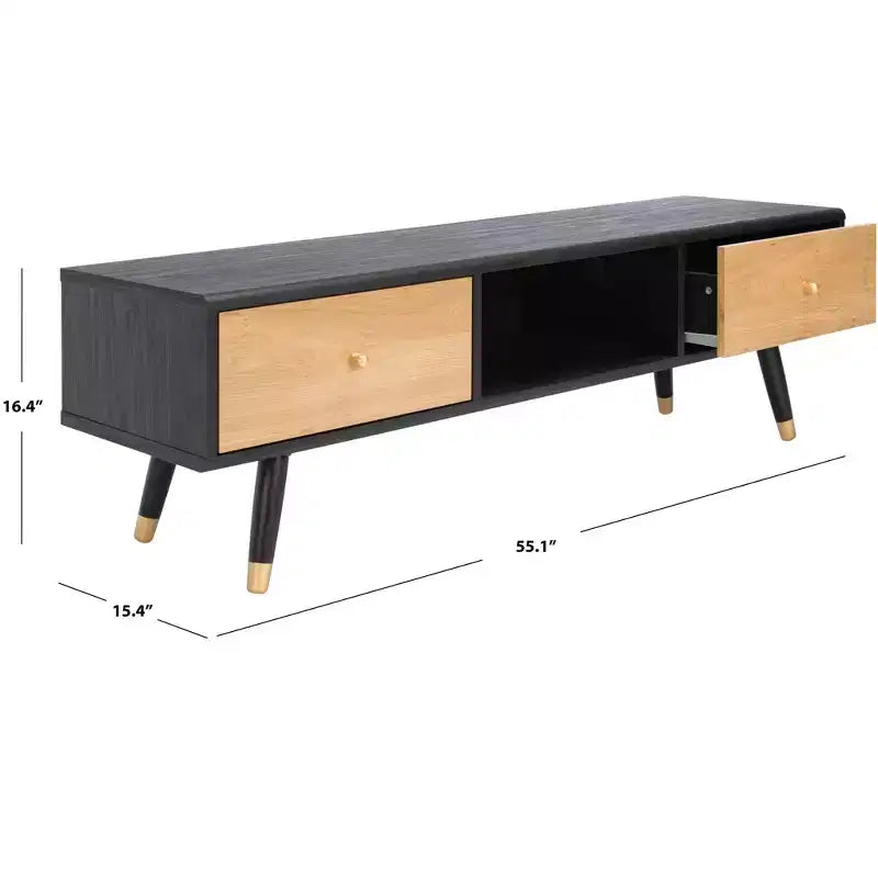 55in Media Stand with 1 Drawer & Open Shelf, Cable Management – Black & Oak, Fits 60in TV