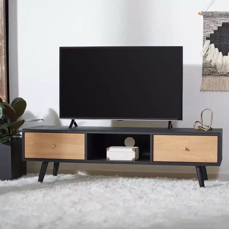 55in Media Stand with 1 Drawer & Open Shelf, Cable Management – Black & Oak, Fits 60in TV