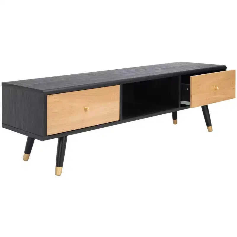 55in Media Stand with 1 Drawer & Open Shelf, Cable Management – Black & Oak, Fits 60in TV