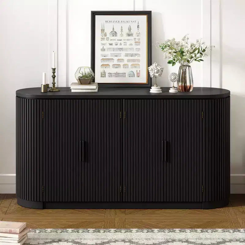 63in Vertical Striped Door Sideboard with Adjustable Shelves & Metal Handles – 4-Door Cabinet