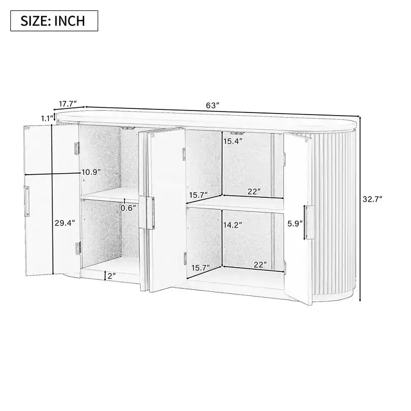 63in Vertical Striped Door Sideboard with Adjustable Shelves & Metal Handles – 4-Door Cabinet